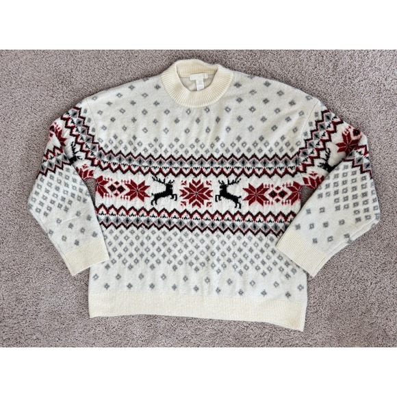 H&M Mens Fair Isle Reindeer Snowflake Sweater Ivory Red Gray Holiday Crew Neck M - Picture 7 of 13